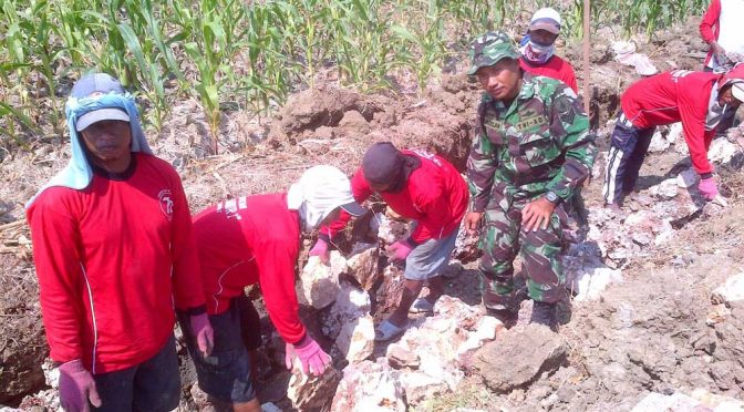 Babinsa 0812 Babat Bantu Pembuatan Plengsengan Irigrasi