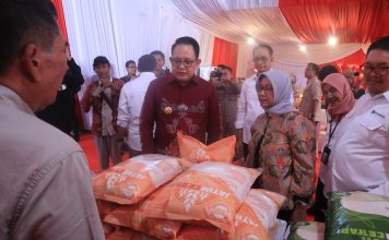 Di Jombang, Pj Gubernur Jatim Launching Beras ‘Jatim Cetar’ Penguatan Korporasi Petani PJ Gubernur Jatim Adhy Karyono (tengah) saat meninjau beras kemasan 'Jatim Cetar' pada kegiatan soft launching penguatan korporasi petani di Desa Pojok kulon, Kesamben, Jombang. IM.com/Karimatul Maslahah/