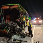 Bus pariwisata Bimorio yang membawa rombongan SMP PGRI Wonosari Malang kecelakaan di tol Jombang-Mojokerto, Selasa (21/5/2024) malam. IM.com/Istimewa/