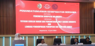 Bupati Mojokerto Ikfina Fahmawati (kiri) memberikan sambutan saat MoU dengan yayasan Jimly Cabang Surabaya dan Lembaga Pendampingan Perempuan dan Anak Bina Annisa.