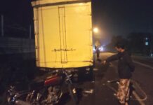 Posisi truk boks milik J &T dalam kondisi parkir di pinggir jalan RA Basoeni, Desa Jampirogo yang ditabrak motor korban