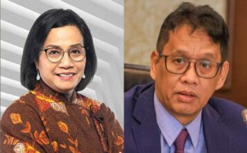 Kanan Sri Mulyani, kiri Purbaya Yudhi Sadewa.