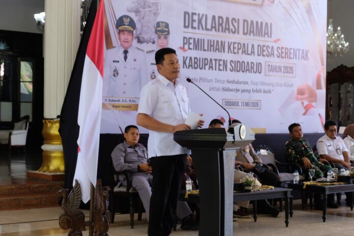 Ratusan calon kepala desa mengikuti deklarasi damai Pilkades serentak 2026 di Pendopo Delta Wibawa, Sidoarjo, bersama Bupati Subandi dan Forkopimda.